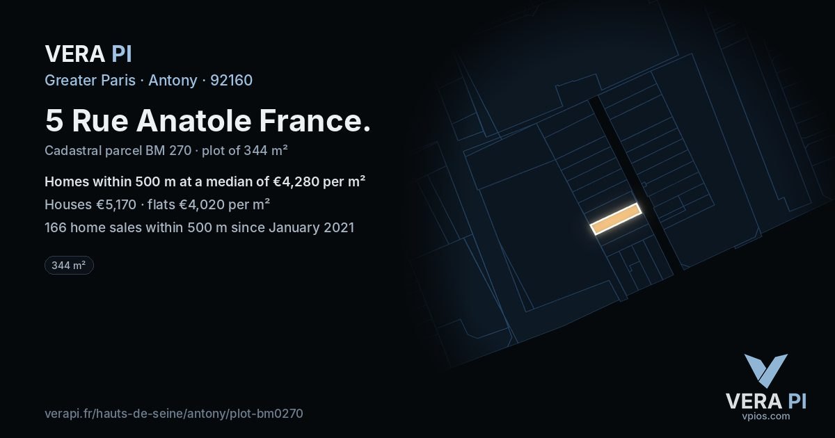 5 Rue Anatole France, Antony at night – the plot lit, the parcels around coloured by the prices near them