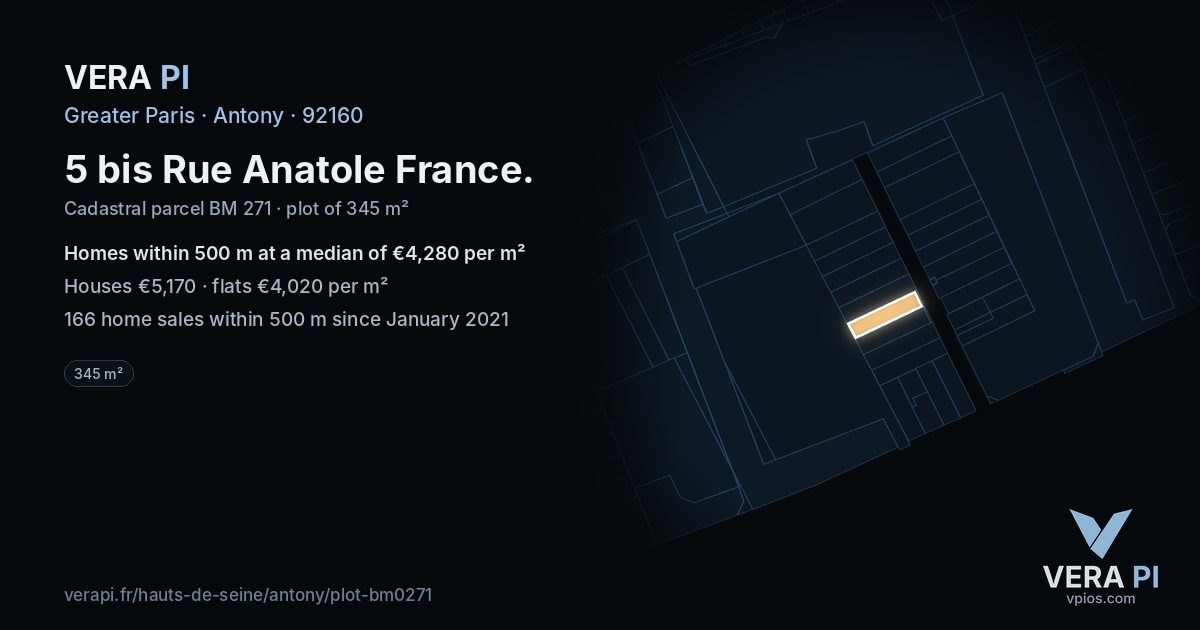5 bis Rue Anatole France, Antony at night – the plot lit, the parcels around coloured by the prices near them