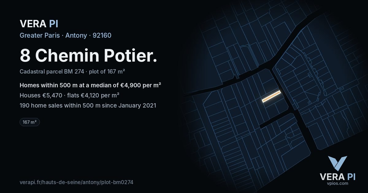 8 Chemin Potier, Antony at night – the plot lit, the parcels around coloured by the prices near them