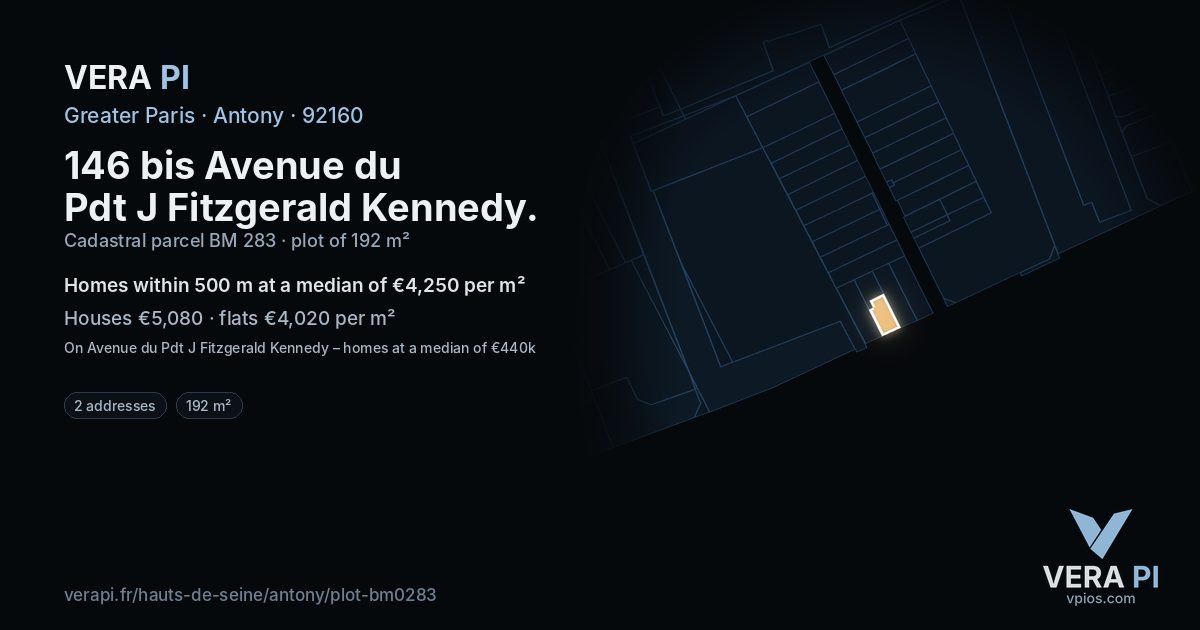 146 bis Avenue du Pdt J Fitzgerald Kennedy, Antony at night – the plot lit, the parcels around coloured by the prices near them