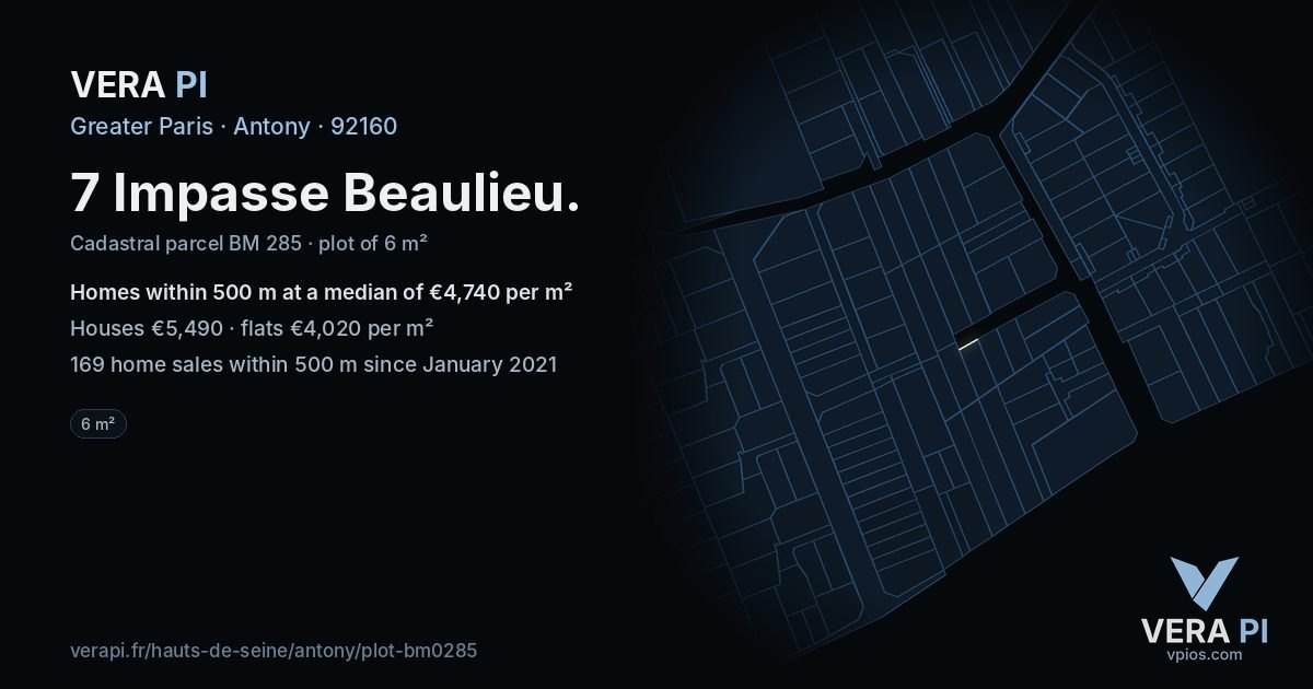 7 Impasse Beaulieu, Antony at night – the plot lit, the parcels around coloured by the prices near them
