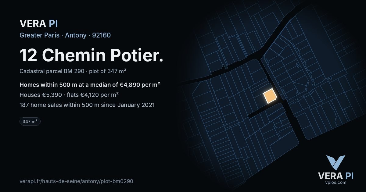 12 Chemin Potier, Antony at night – the plot lit, the parcels around coloured by the prices near them
