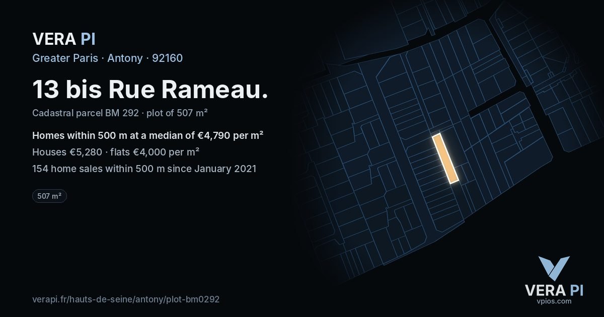 13 bis Rue Rameau, Antony at night – the plot lit, the parcels around coloured by the prices near them