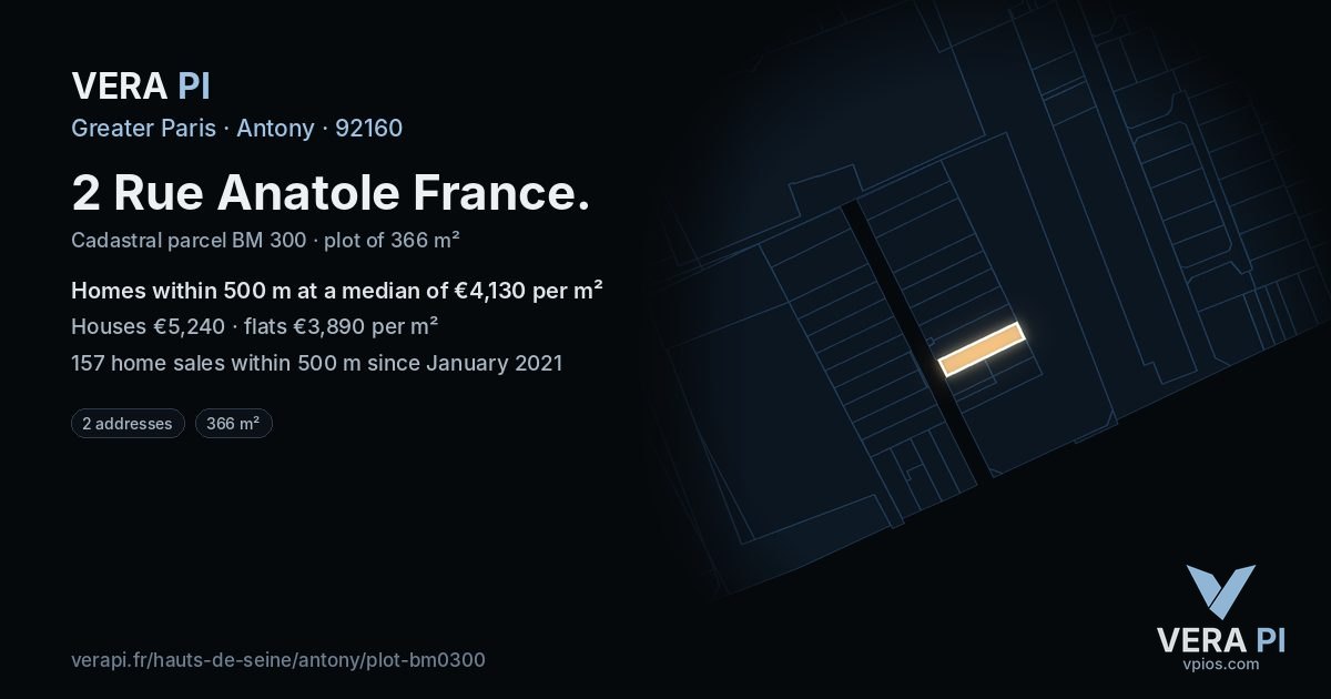 2 Rue Anatole France, Antony at night – the plot lit, the parcels around coloured by the prices near them