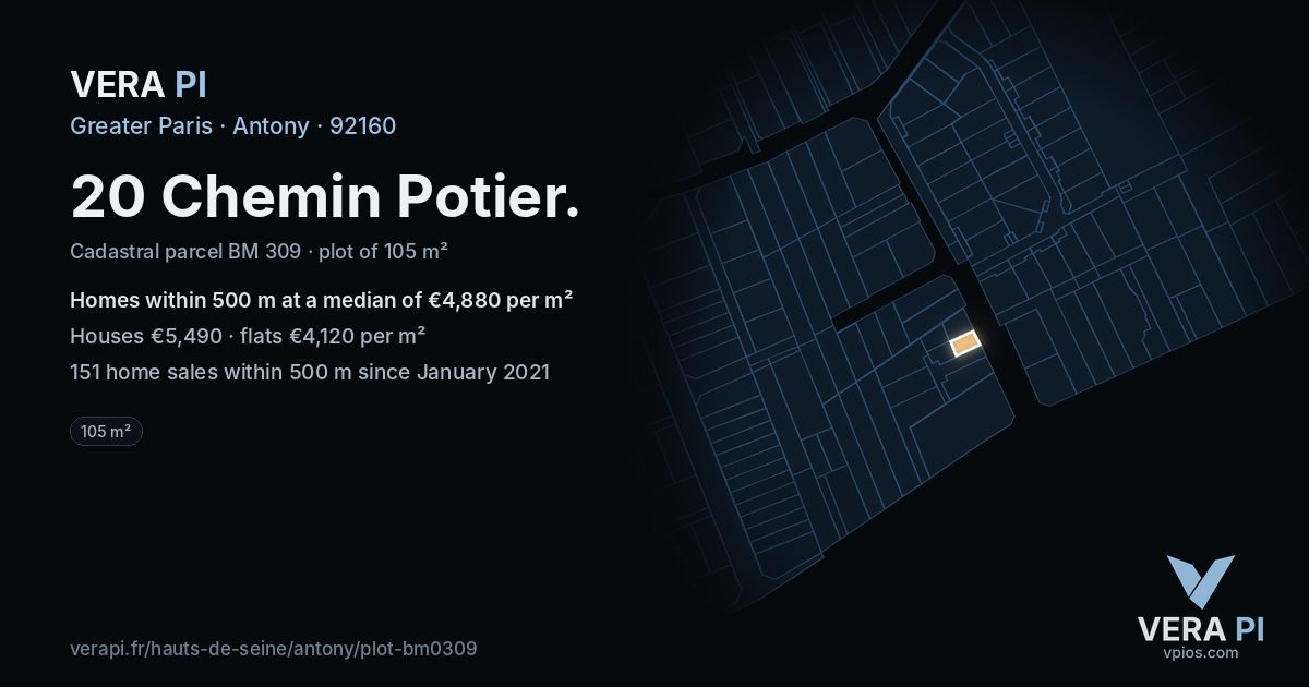 20 Chemin Potier, Antony at night – the plot lit, the parcels around coloured by the prices near them