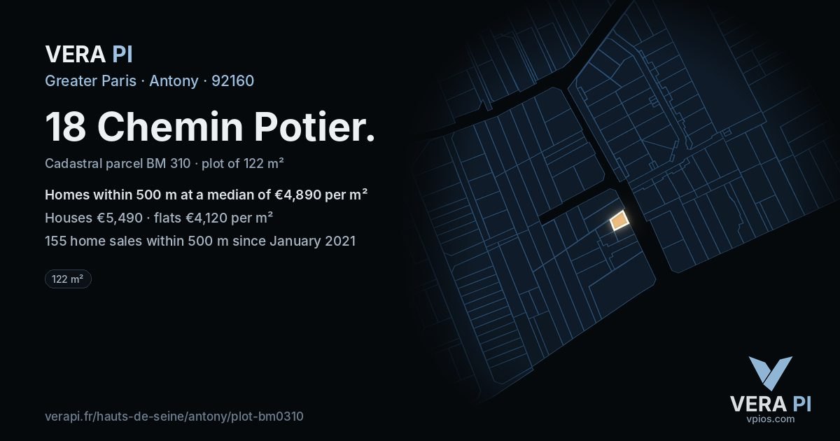18 Chemin Potier, Antony at night – the plot lit, the parcels around coloured by the prices near them