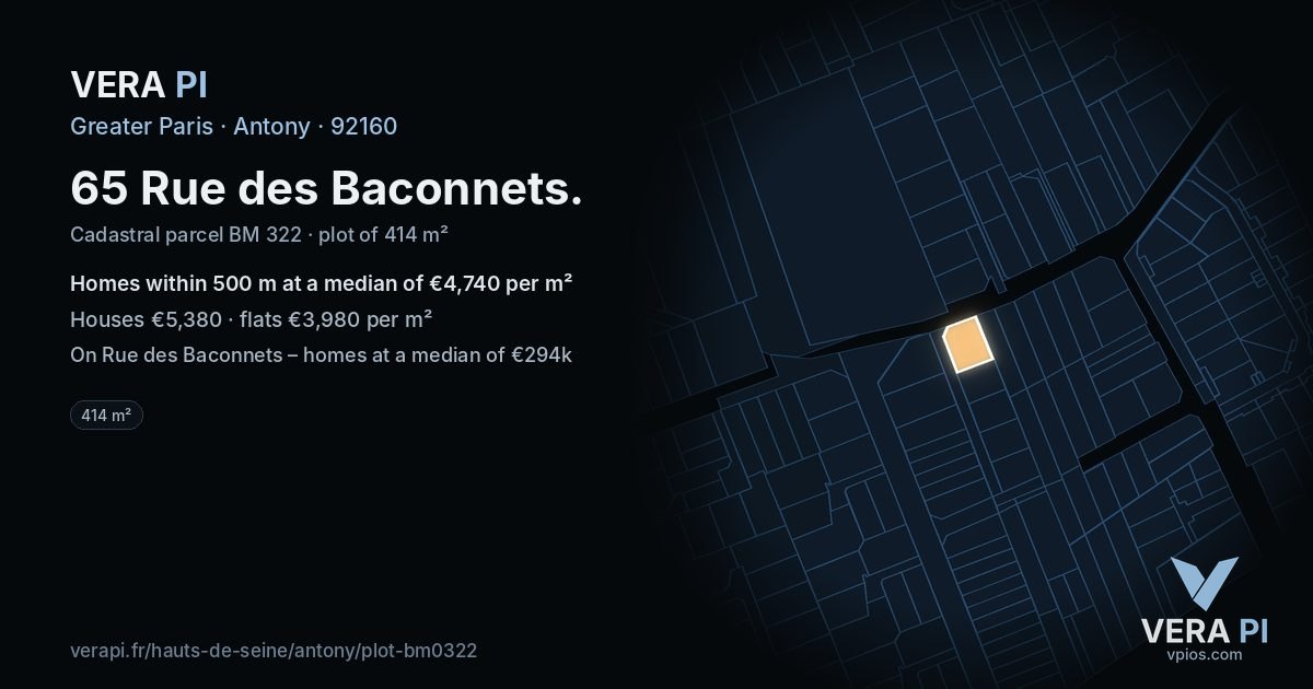 65 Rue des Baconnets, Antony at night – the plot lit, the parcels around coloured by the prices near them