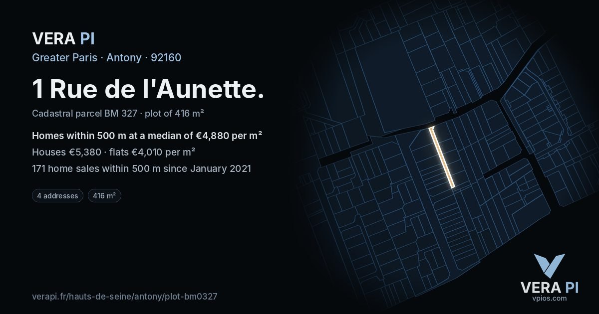 1 Rue de l'Aunette, Antony at night – the plot lit, the parcels around coloured by the prices near them
