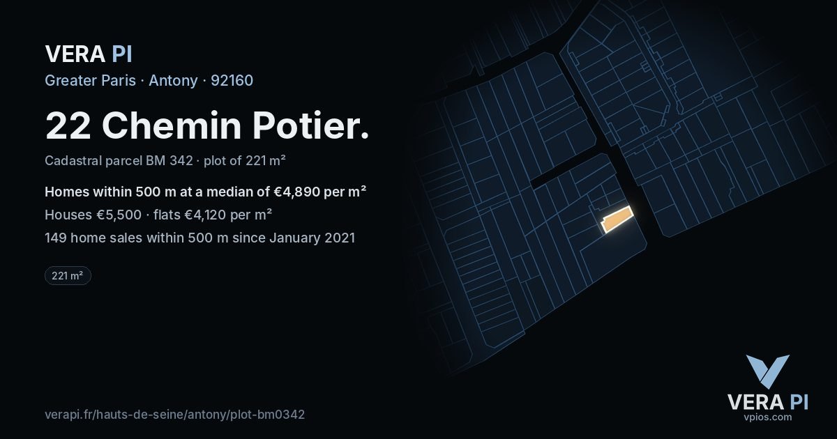 22 Chemin Potier, Antony at night – the plot lit, the parcels around coloured by the prices near them