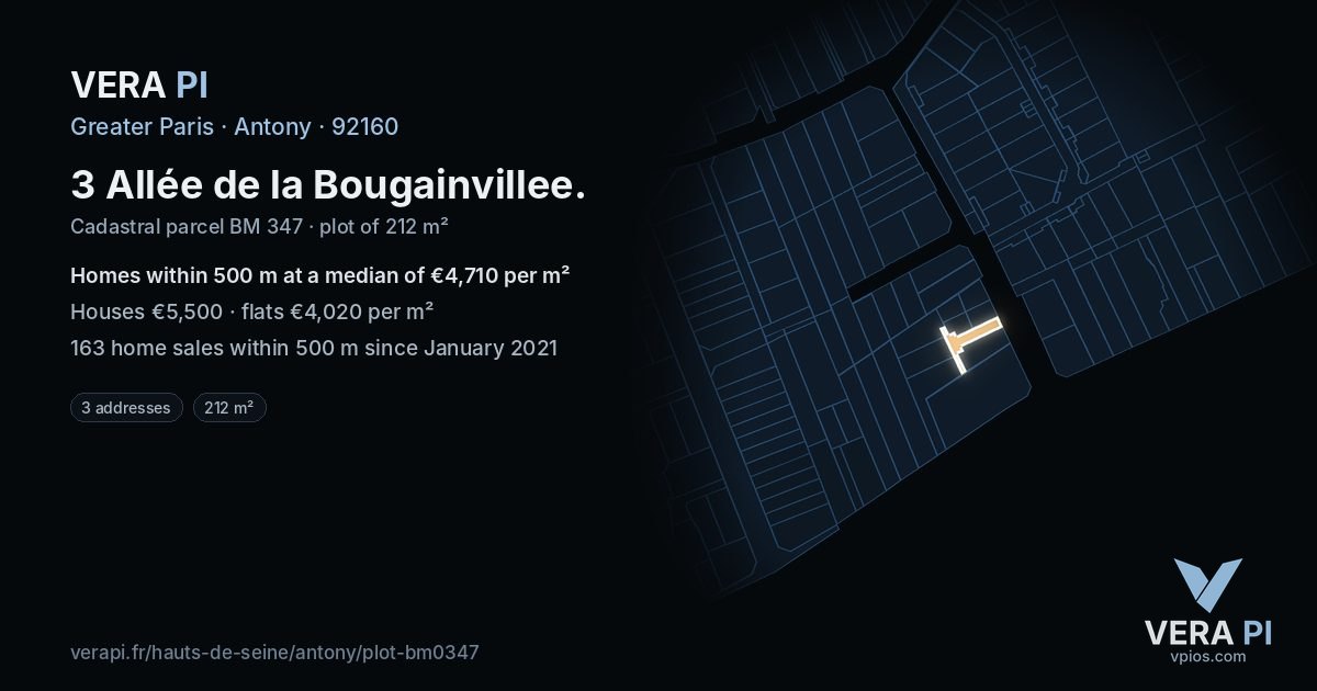 3 Allée de la Bougainvillee, Antony at night – the plot lit, the parcels around coloured by the prices near them