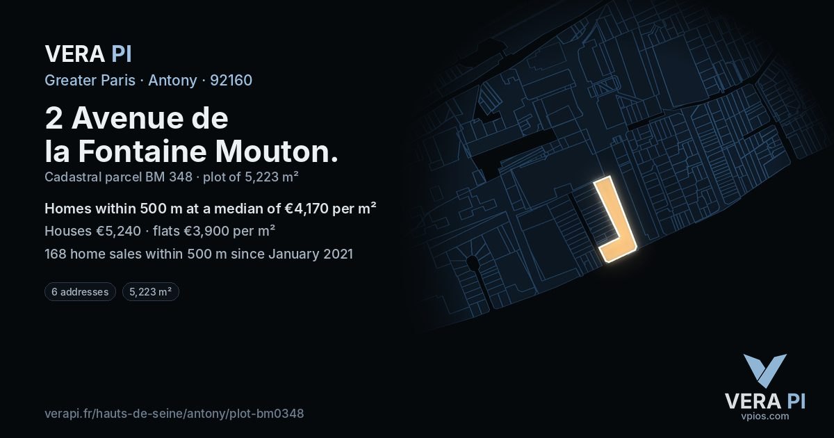 2 Avenue de la Fontaine Mouton, Antony at night – the plot lit, the parcels around coloured by the prices near them