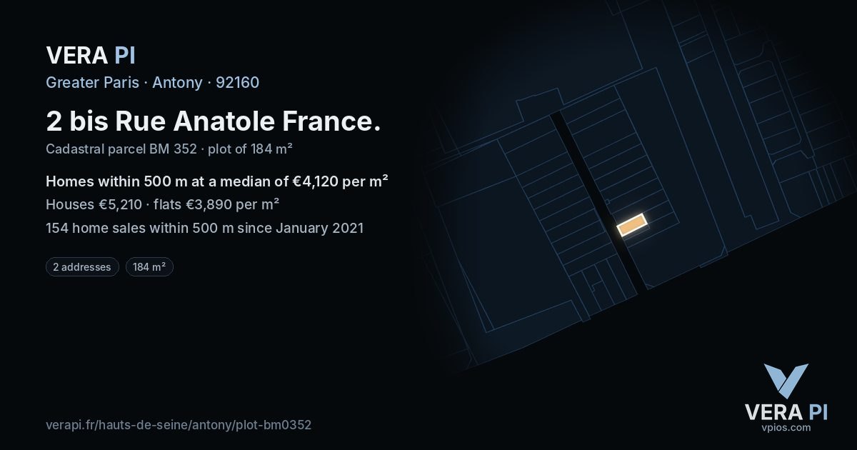 2 bis Rue Anatole France, Antony at night – the plot lit, the parcels around coloured by the prices near them