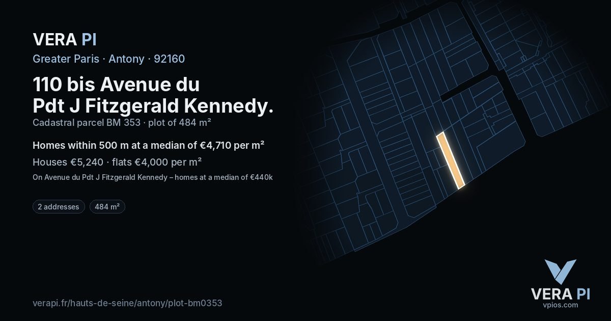 110 bis Avenue du Pdt J Fitzgerald Kennedy, Antony at night – the plot lit, the parcels around coloured by the prices near them