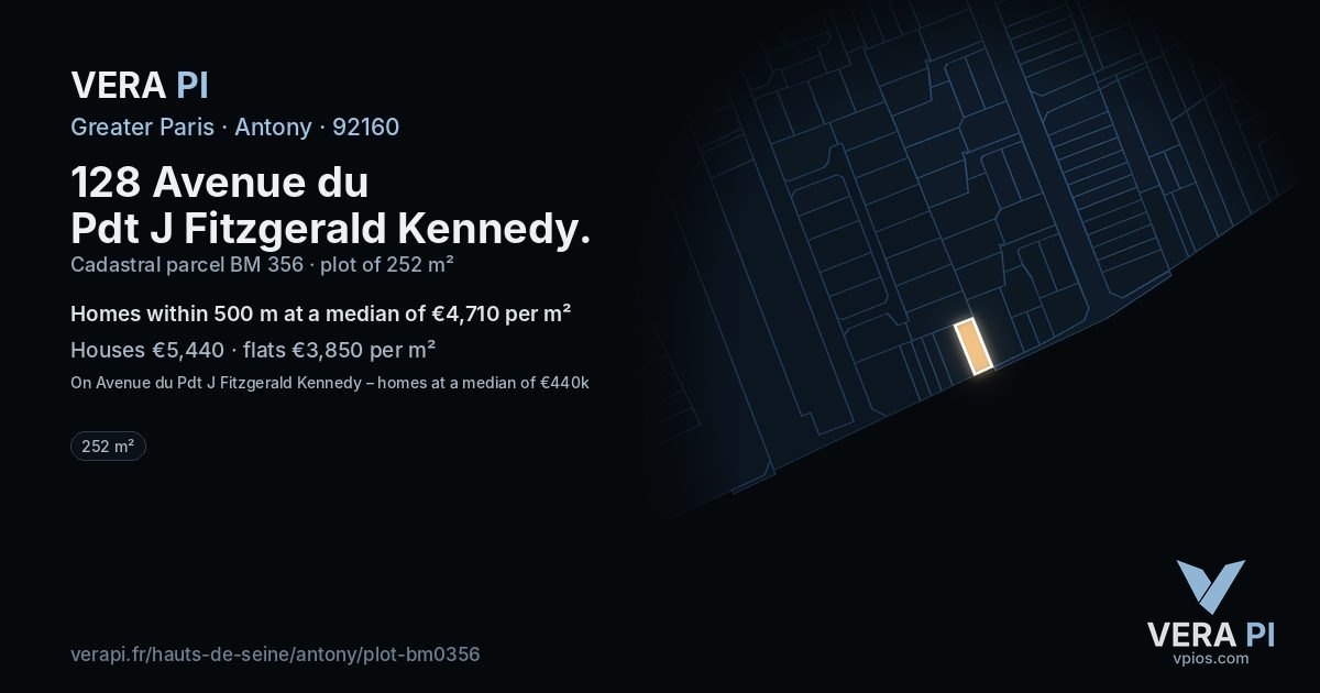 128 Avenue du Pdt J Fitzgerald Kennedy, Antony at night – the plot lit, the parcels around coloured by the prices near them