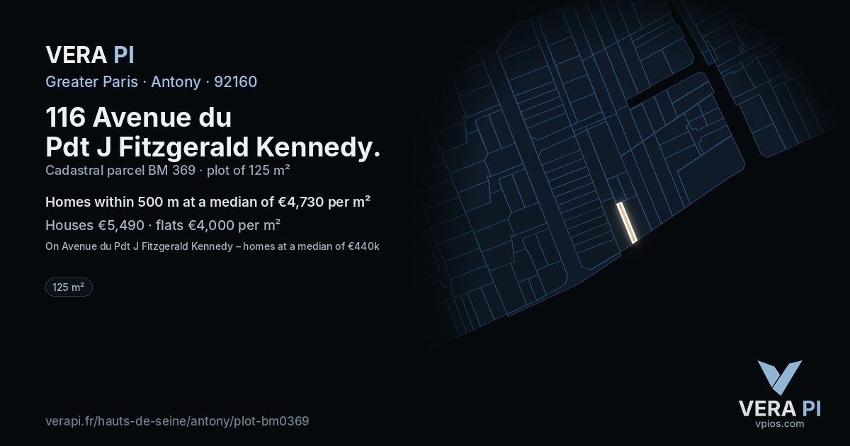 116 Avenue du Pdt J Fitzgerald Kennedy, Antony at night – the plot lit, the parcels around coloured by the prices near them