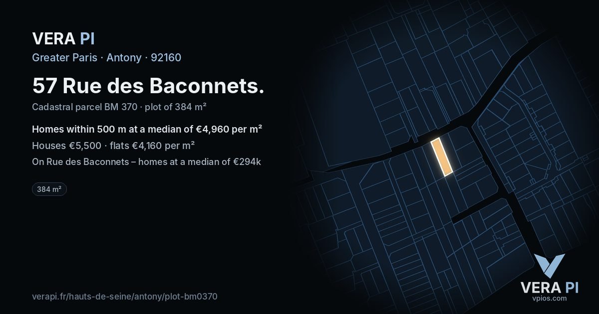 57 Rue des Baconnets, Antony at night – the plot lit, the parcels around coloured by the prices near them