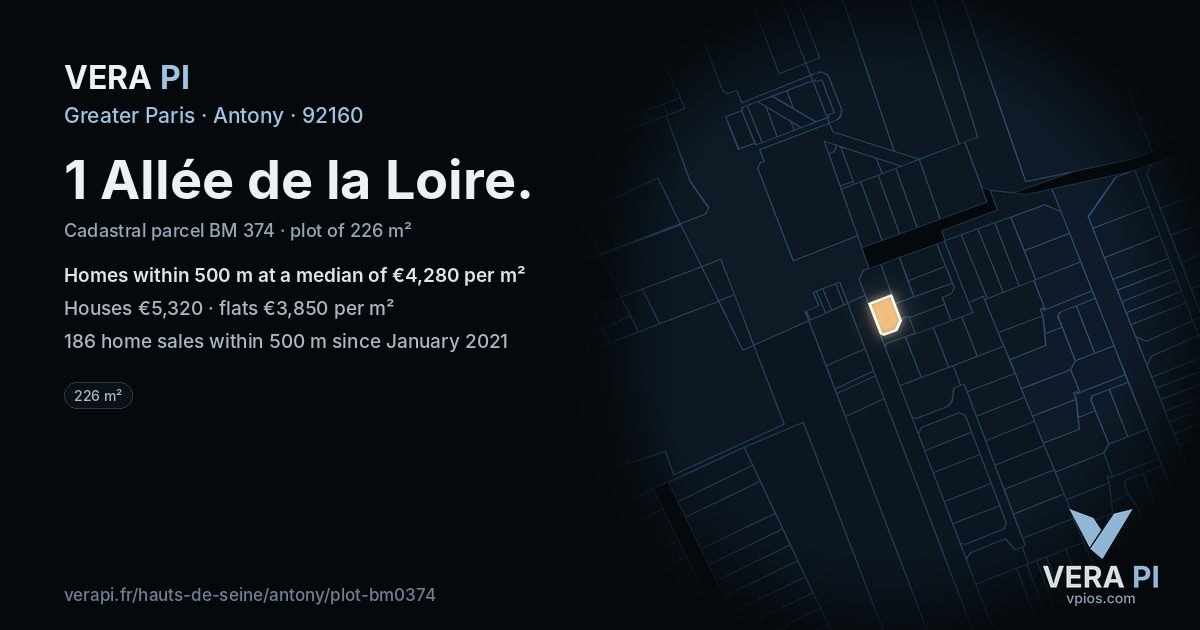1 Allée de la Loire, Antony at night – the plot lit, the parcels around coloured by the prices near them