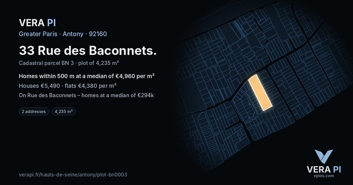 33 Rue des Baconnets, Antony at night – the plot lit, the parcels around coloured by the prices near them