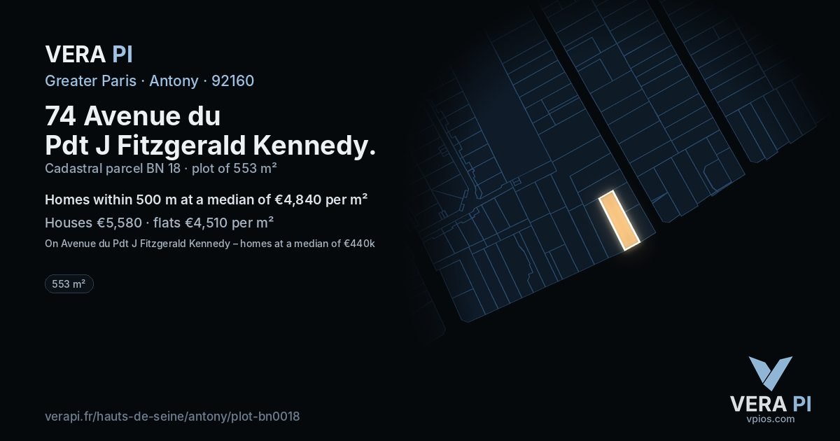 74 Avenue du Pdt J Fitzgerald Kennedy, Antony at night – the plot lit, the parcels around coloured by the prices near them