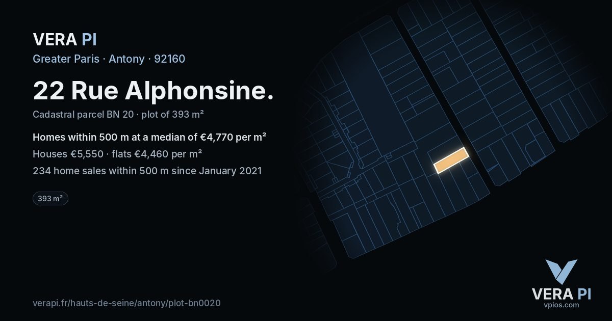22 Rue Alphonsine, Antony at night – the plot lit, the parcels around coloured by the prices near them