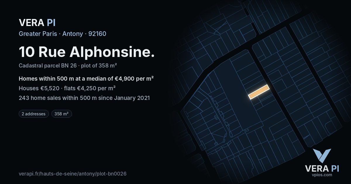 10 Rue Alphonsine, Antony at night – the plot lit, the parcels around coloured by the prices near them
