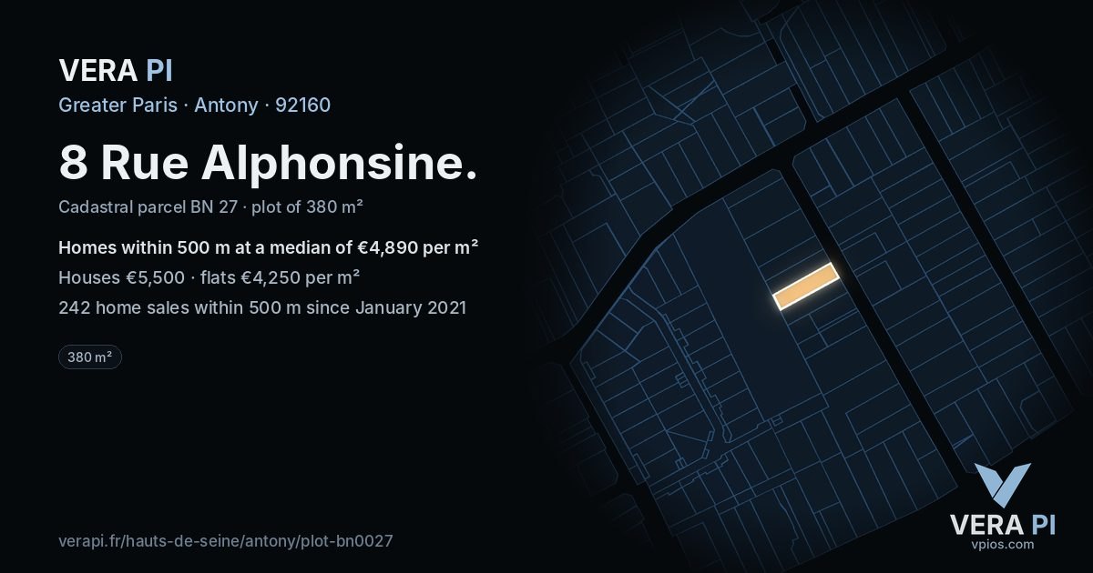 8 Rue Alphonsine, Antony at night – the plot lit, the parcels around coloured by the prices near them