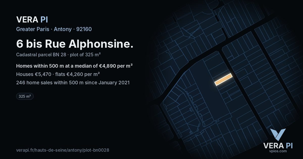6 bis Rue Alphonsine, Antony at night – the plot lit, the parcels around coloured by the prices near them