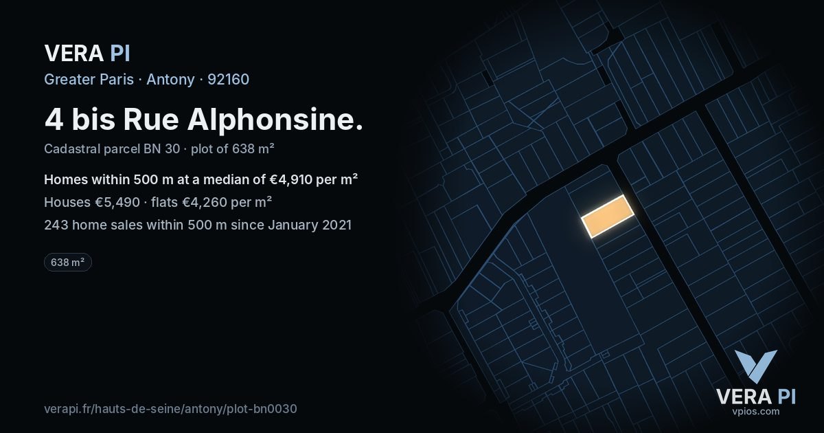 4 bis Rue Alphonsine, Antony at night – the plot lit, the parcels around coloured by the prices near them
