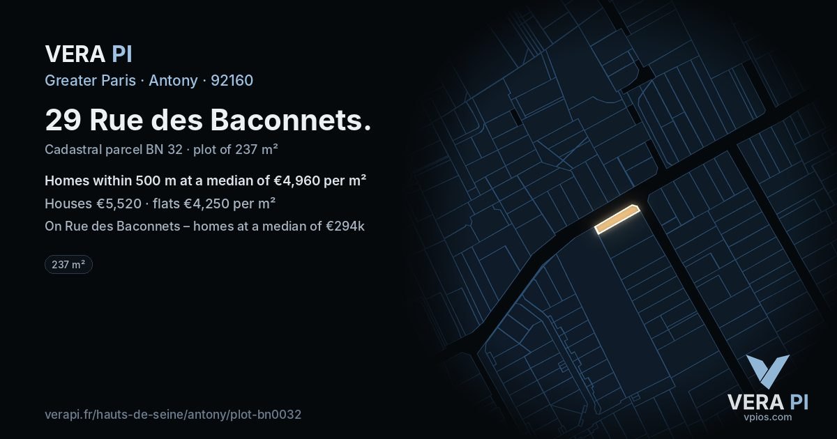 29 Rue des Baconnets, Antony at night – the plot lit, the parcels around coloured by the prices near them