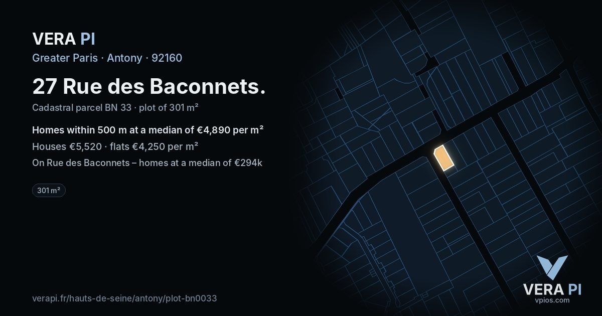 27 Rue des Baconnets, Antony at night – the plot lit, the parcels around coloured by the prices near them