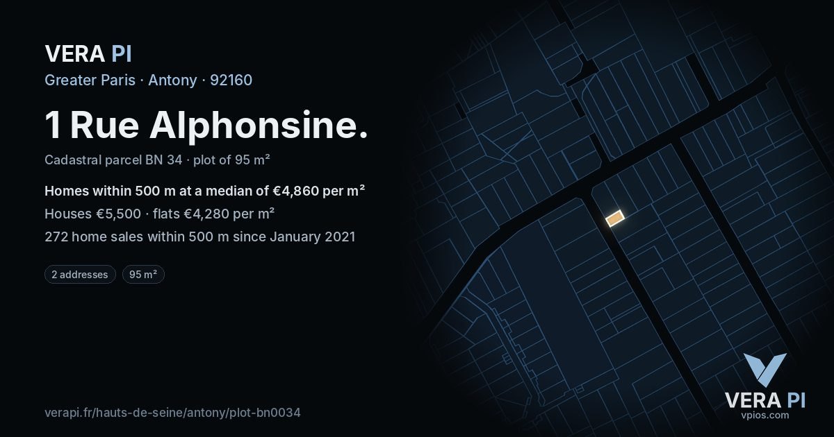 1 Rue Alphonsine, Antony at night – the plot lit, the parcels around coloured by the prices near them