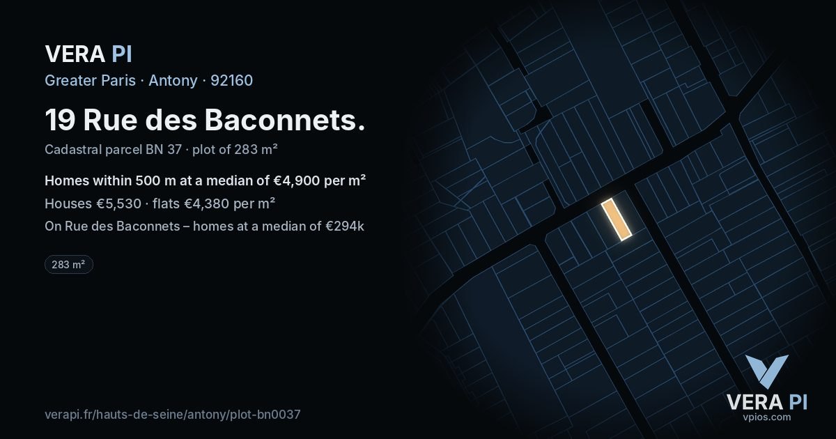 19 Rue des Baconnets, Antony at night – the plot lit, the parcels around coloured by the prices near them