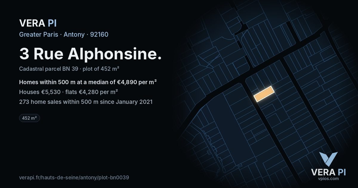 3 Rue Alphonsine, Antony at night – the plot lit, the parcels around coloured by the prices near them