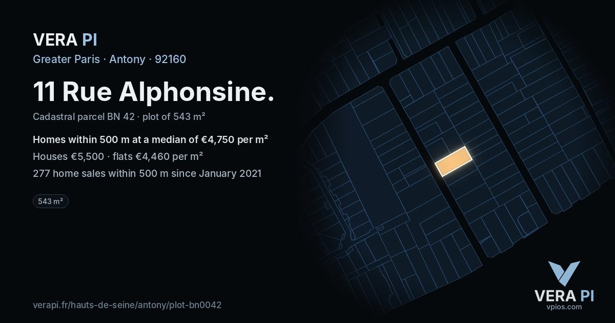 11 Rue Alphonsine, Antony at night – the plot lit, the parcels around coloured by the prices near them