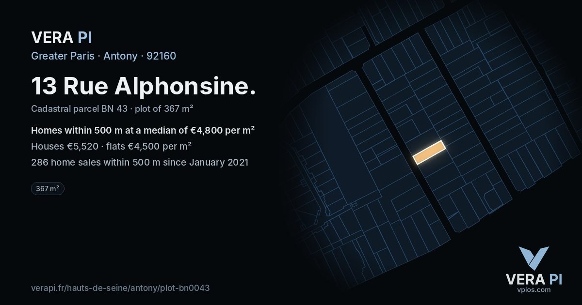 13 Rue Alphonsine, Antony at night – the plot lit, the parcels around coloured by the prices near them