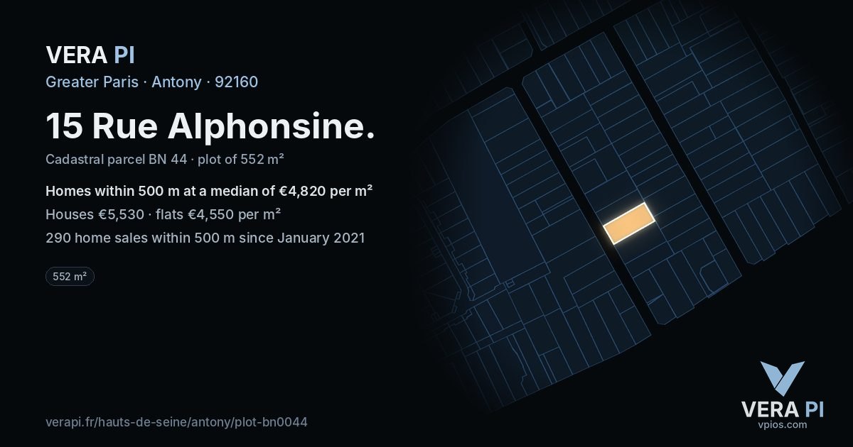 15 Rue Alphonsine, Antony at night – the plot lit, the parcels around coloured by the prices near them