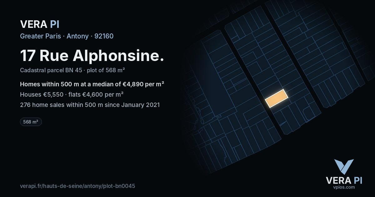 17 Rue Alphonsine, Antony at night – the plot lit, the parcels around coloured by the prices near them