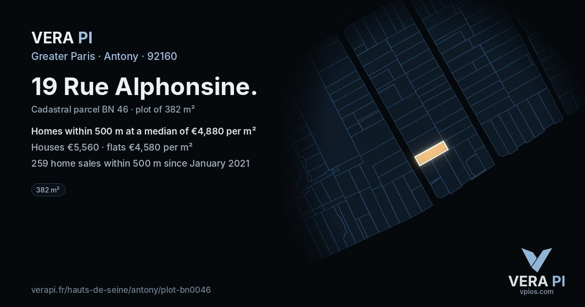 19 Rue Alphonsine, Antony at night – the plot lit, the parcels around coloured by the prices near them