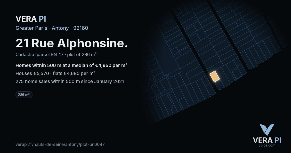21 Rue Alphonsine, Antony at night – the plot lit, the parcels around coloured by the prices near them