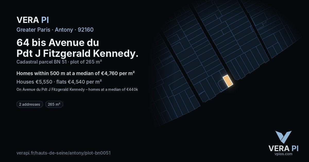 64 bis Avenue du Pdt J Fitzgerald Kennedy, Antony at night – the plot lit, the parcels around coloured by the prices near them