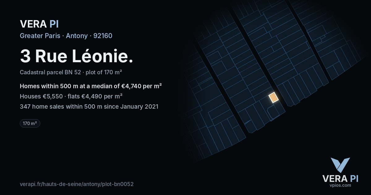 3 Rue Léonie, Antony at night – the plot lit, the parcels around coloured by the prices near them