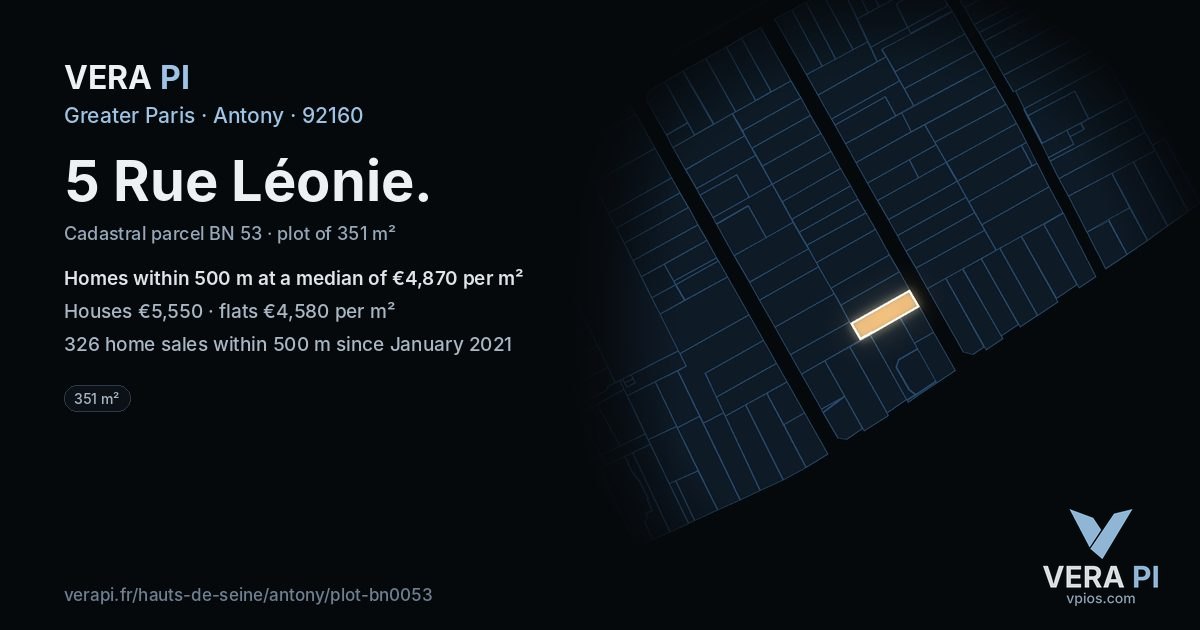 5 Rue Léonie, Antony at night – the plot lit, the parcels around coloured by the prices near them