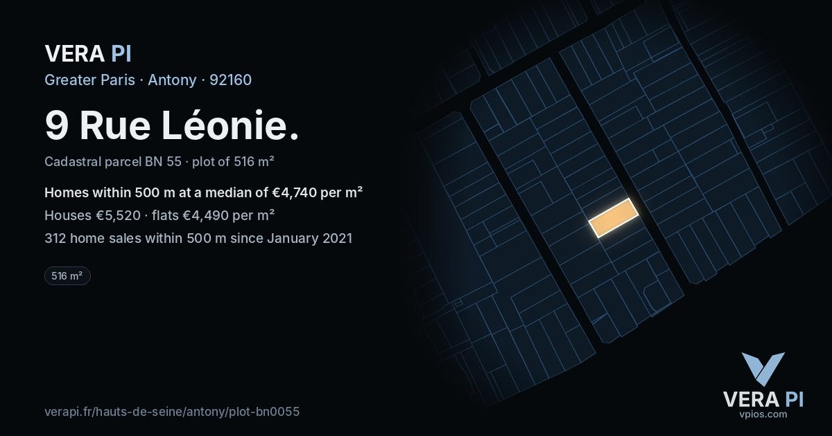 9 Rue Léonie, Antony at night – the plot lit, the parcels around coloured by the prices near them