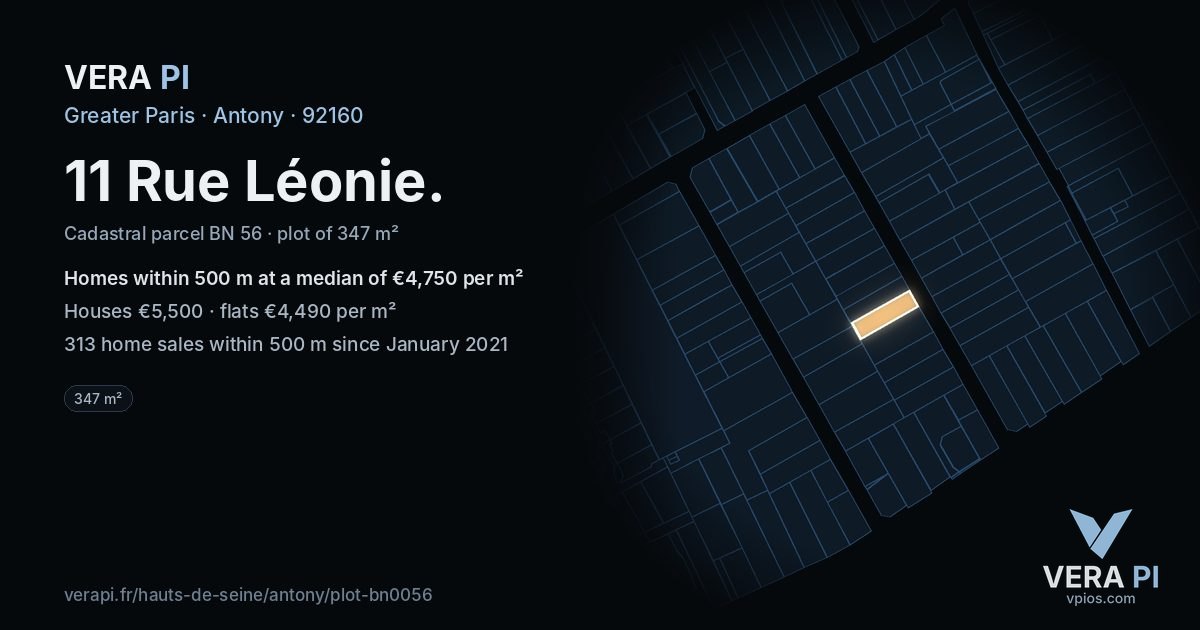 11 Rue Léonie, Antony at night – the plot lit, the parcels around coloured by the prices near them