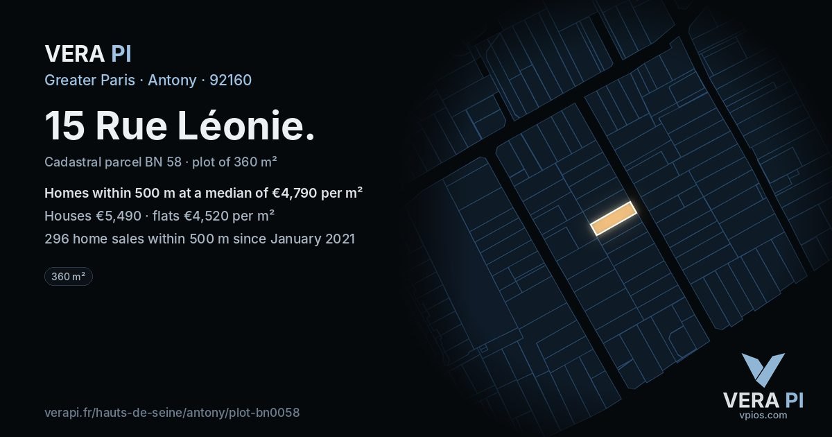 15 Rue Léonie, Antony at night – the plot lit, the parcels around coloured by the prices near them