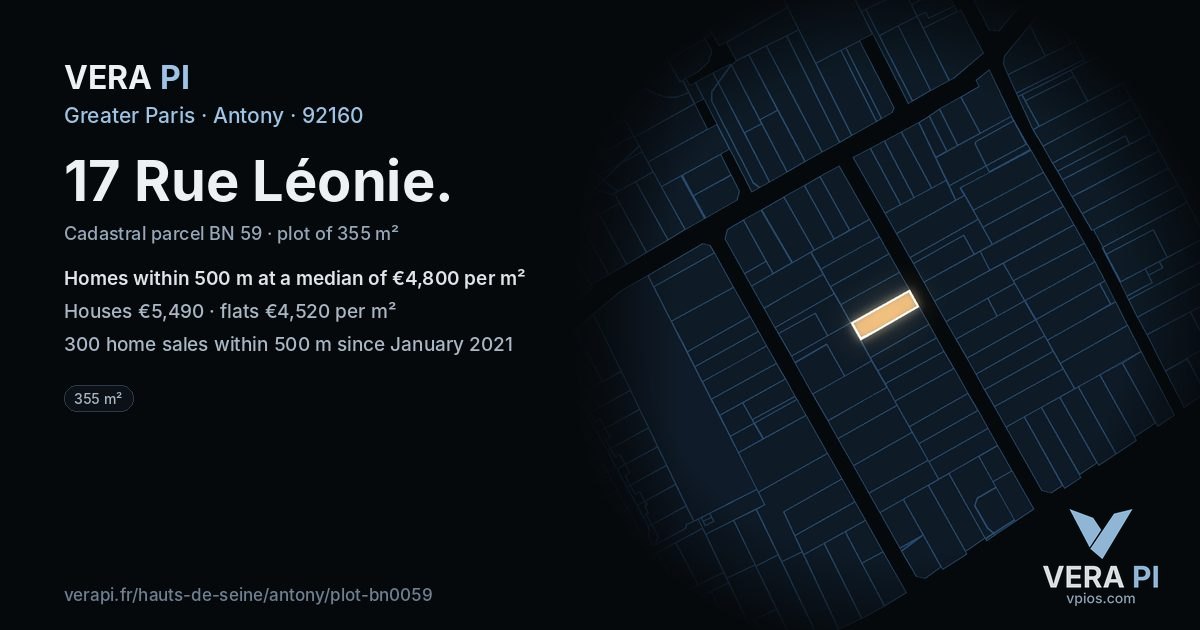 17 Rue Léonie, Antony at night – the plot lit, the parcels around coloured by the prices near them