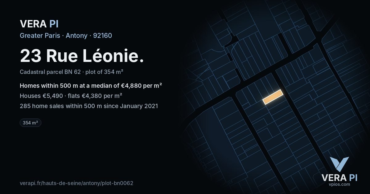 23 Rue Léonie, Antony at night – the plot lit, the parcels around coloured by the prices near them