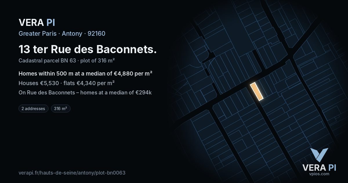 13 ter Rue des Baconnets, Antony at night – the plot lit, the parcels around coloured by the prices near them
