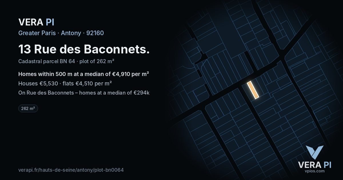 13 Rue des Baconnets, Antony at night – the plot lit, the parcels around coloured by the prices near them