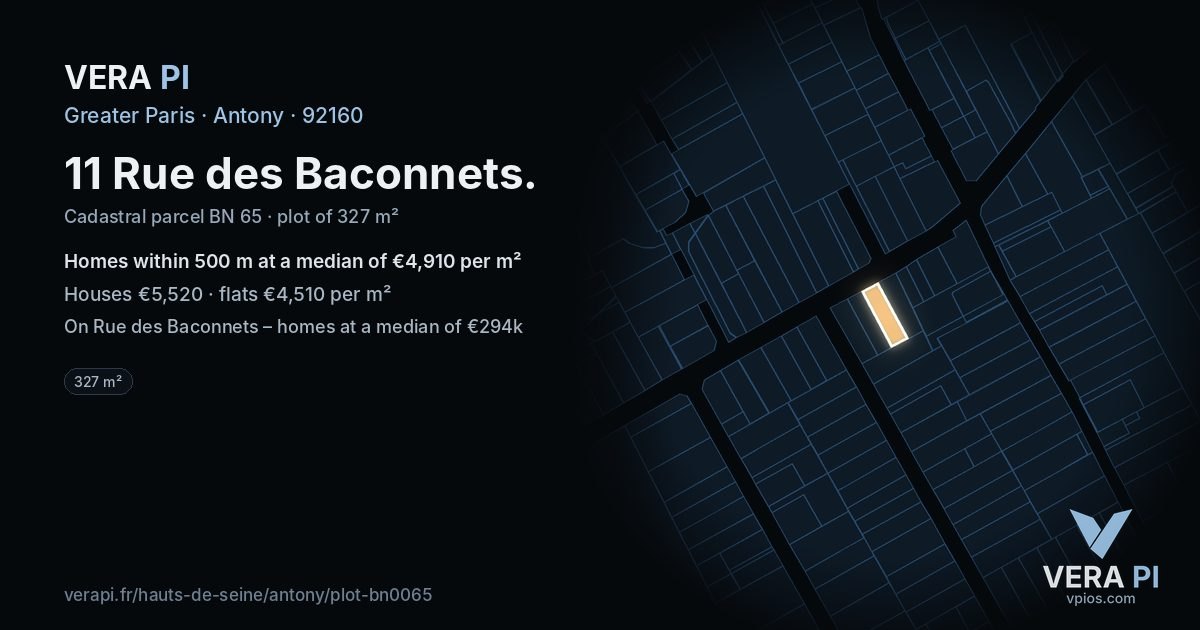 11 Rue des Baconnets, Antony at night – the plot lit, the parcels around coloured by the prices near them